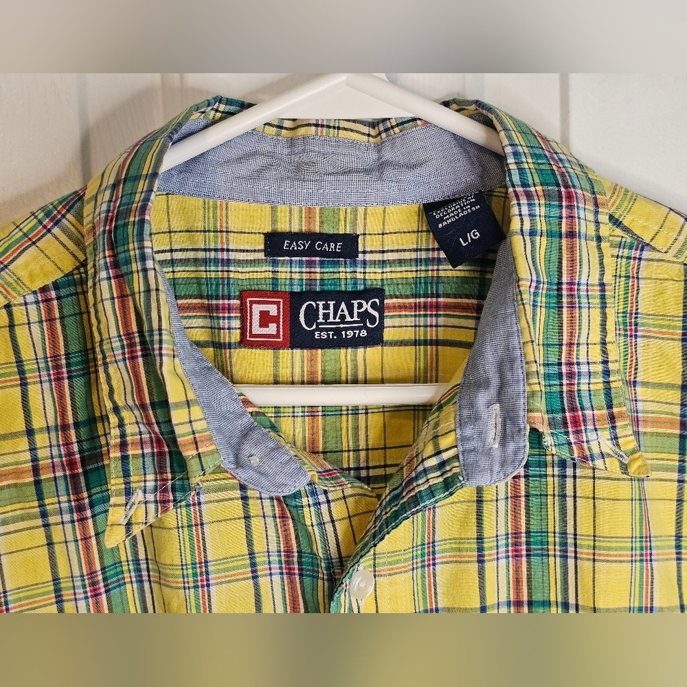 Chaps Men's Yellow Short Sleeve Plaid Button Down Shirt Sz L